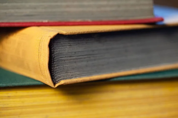 Close Old Large Books Red Yellow Green Covers Wooden Table — Stock Photo, Image