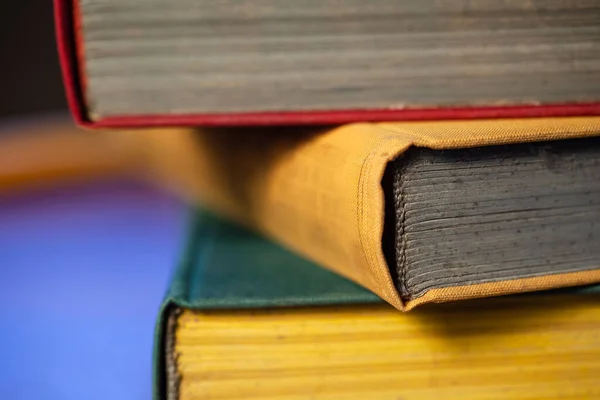 Close Old Large Books Red Yellow Green Covers Wooden Table — Stock Photo, Image