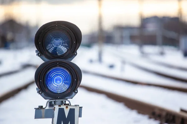 Eisenbahn Semaphore Mit Blauer Lampe — Stockfoto