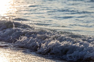 close-up of a small sea wave with foam in sunset light