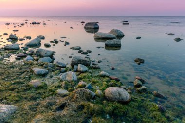 Uzun pozlama deniz manzarası, okyanus kıyıları. Mor gün batımının ışığında taşlar ve çamurla kaplı.