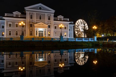 Gece şehir parkında gölün yanında tarihi bir bina ve uzun soluklu dönme dolap var.
