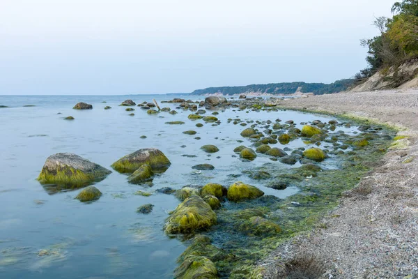 Çamurla Kaplı Kayalık Plajlı Deniz Burnu Alacakaranlıkta Sudaki Büyük Kayalar — Stok fotoğraf