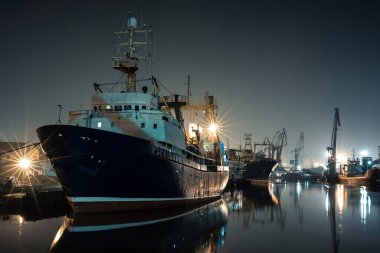 Gece limanında büyük bir balıkçı teknesi ve arka planda vinçler.