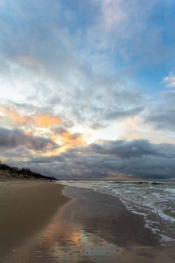 Kışın Baltık Denizi 'nin geniş sahili alacakaranlıkta bulutlu bir gökyüzünün altında.