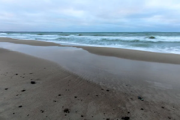 Landscape Wide Sandy Beach Cold Baltic Sea Cloudy Weather Long — Stock Photo, Image