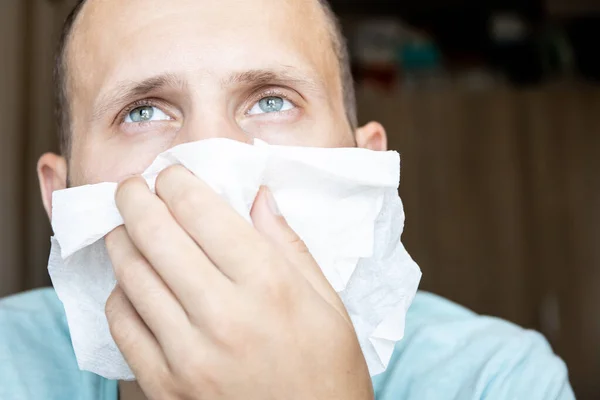 Sick Young Man Blows His Nose Handkerchief — Stock Photo, Image