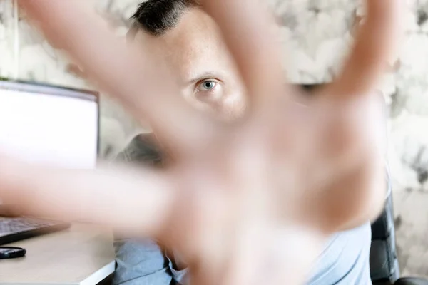 Young Man Hides His Face Camera Open Palm — Stock Photo, Image