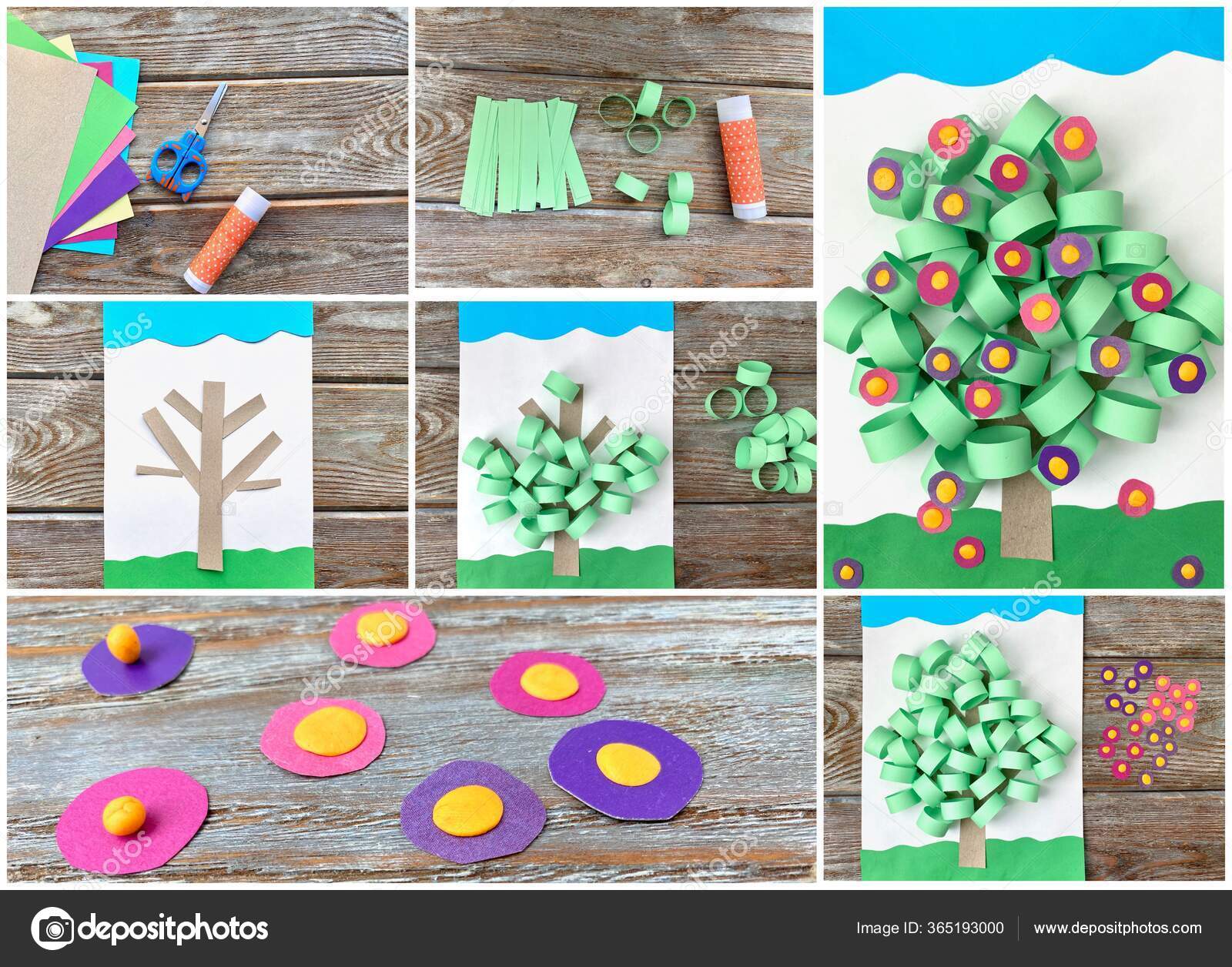 Colagem. Criatividade infantil, passo a passo. Árvore de primavera feita de  papel colorido com flores. Em um fundo natural . — Foto © Marmyshki  #365193000, image size:1600x1256