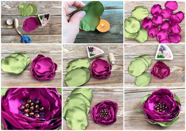 Collage Schritt für Schritt, Basteln für eine Blume aus Stoff zu Hause, Meisterkurs. — Stockfoto