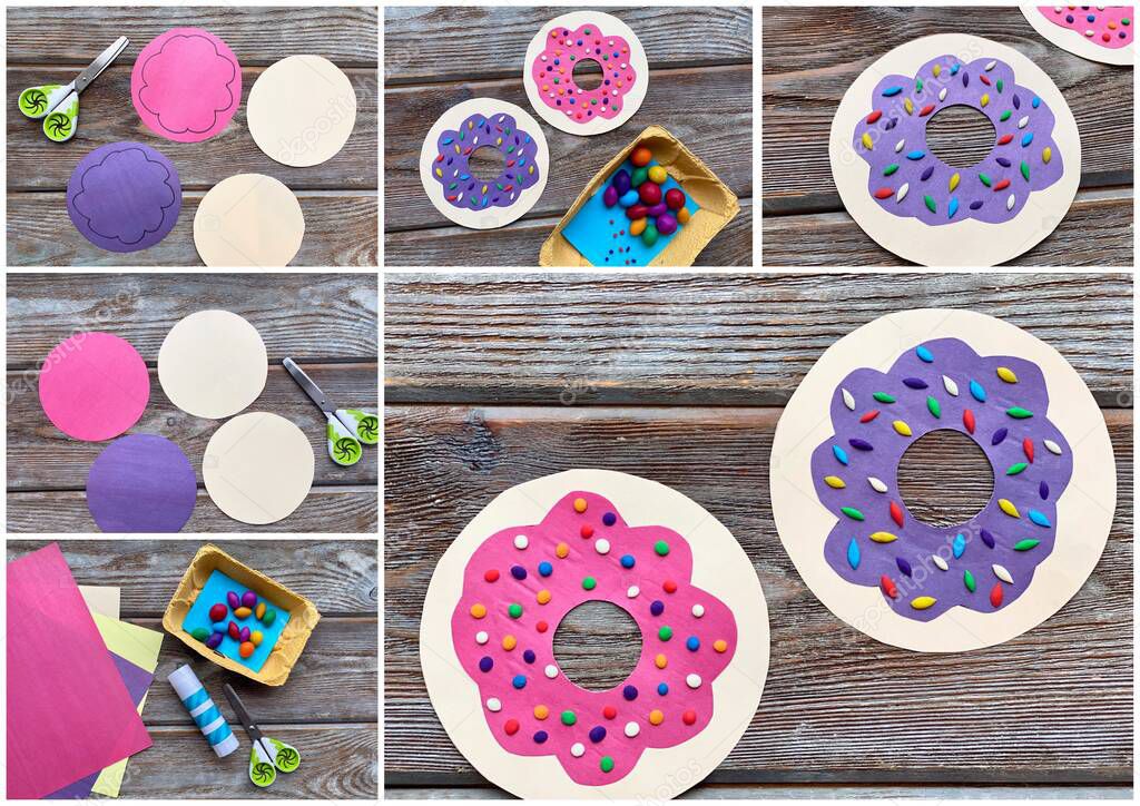 collage childrens creativity, step by step, how to make a donut from colored paper and plasticine.