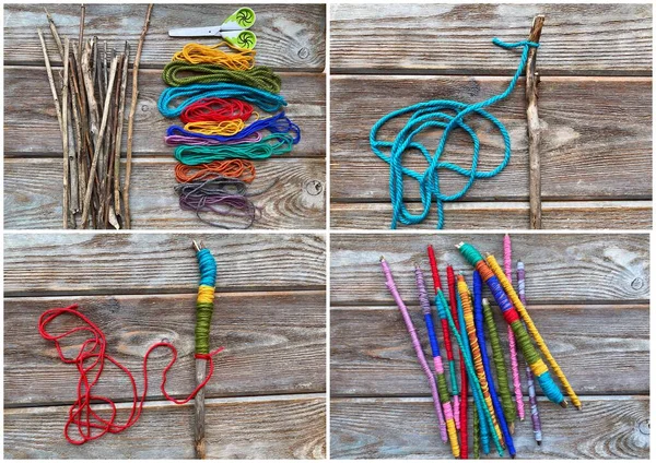 Collage paso a paso, aprender a hacer palos de artesanía de los niños a partir de hilo . —  Fotos de Stock