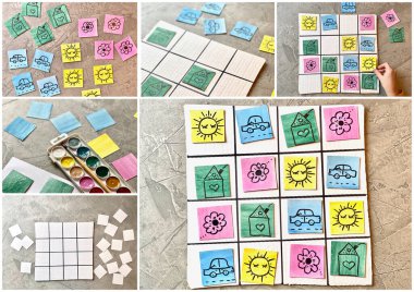 Fotoğrafların kolajı, adım adım, çocuk sudoku oyunu nasıl yapılır, karton üzerinde.