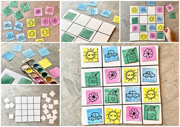 Collage di foto, passo dopo passo come fare un gioco Sudoku per bambini, su cartone . — Foto Stock