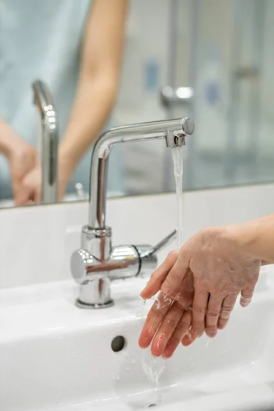 Woman Washes Her Hands Carefully Soap — Stock Photo, Image