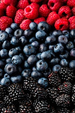 Güzel, sulu meyveler. Böğürtlen, ahududu ve yabanmersini. yaz yemekleri arka planı.