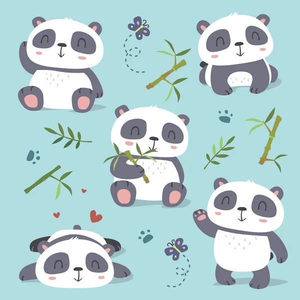 Vetor desenho animado estilo bonito conjunto panda — Vetor de Stock