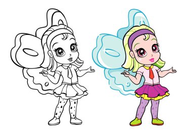 vector colourful elf fairy girl with coloring page clipart