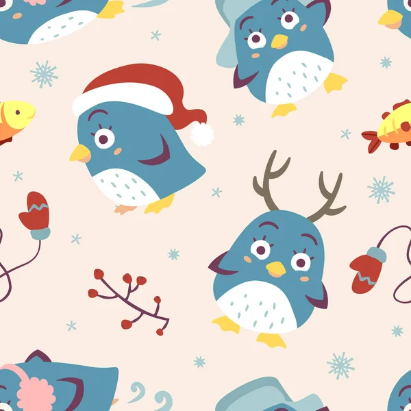 Vector de dibujos animados estilo pingüino patrón sin costuras — Vector de stock