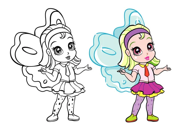 Vector colourful elf fairy girl with coloring page — Stock Vector