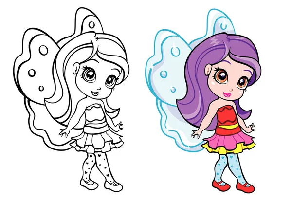 Vector colourful elf fairy girl with coloring page — Stock Vector