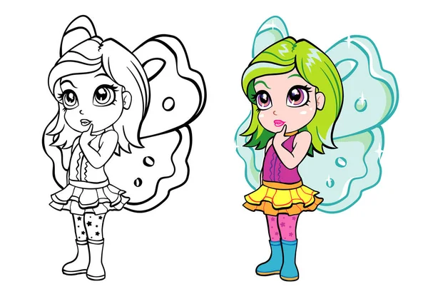 Vector colourful elf fairy girl with coloring page — Stock Vector