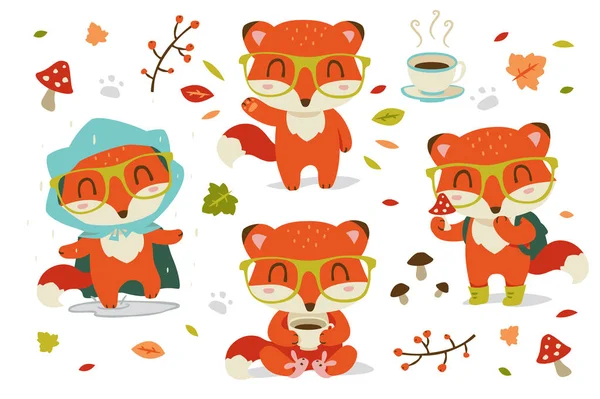 Vector autumn fox cartoon set — Stock Vector