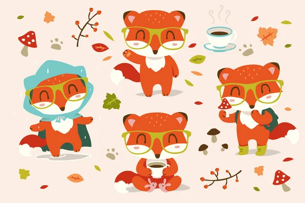 Vector autumn fox cartoon set — Stock Vector