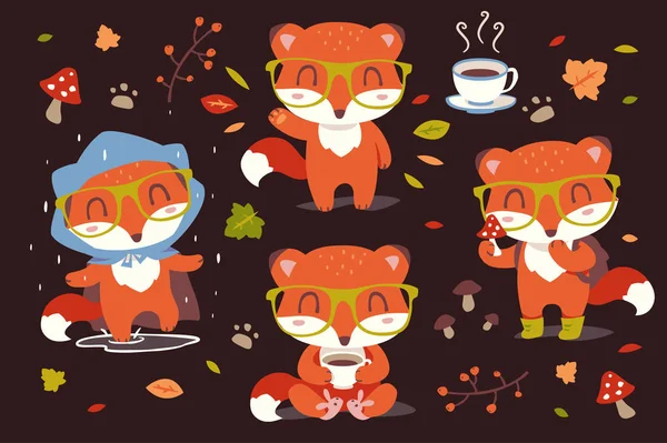 Wektor jesień kreskówka zestaw fox — Wektor stockowy