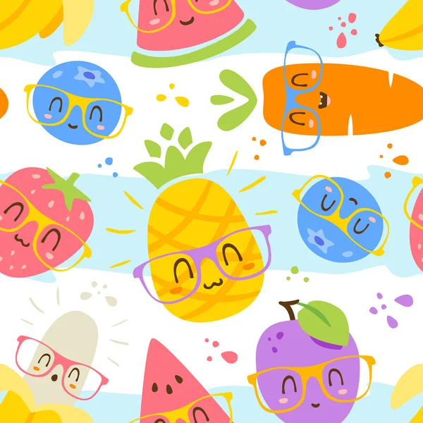 Vector de frutas de dibujos animados en gafas patrón sin costuras — Vector de stock