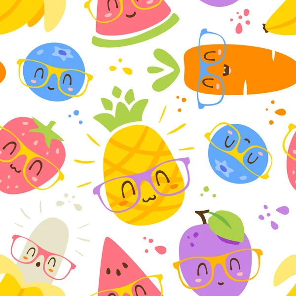 Vector de frutas de dibujos animados en gafas patrón sin costuras — Vector de stock