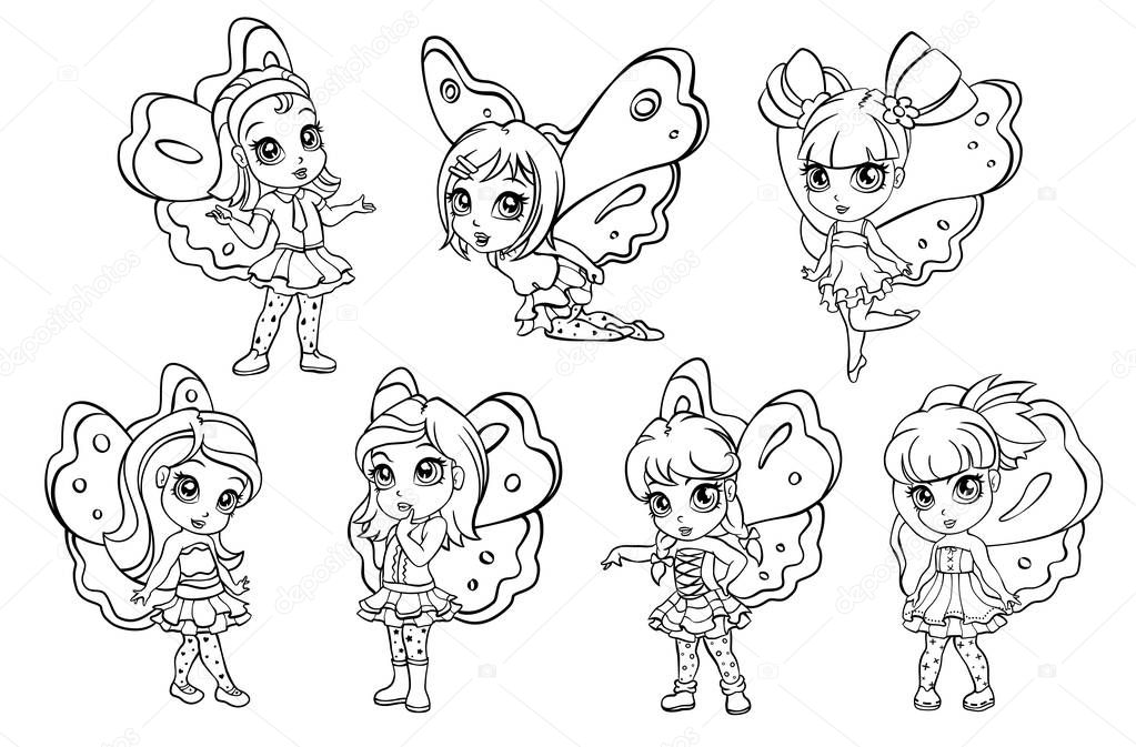 vector doodle elf fairy girl set