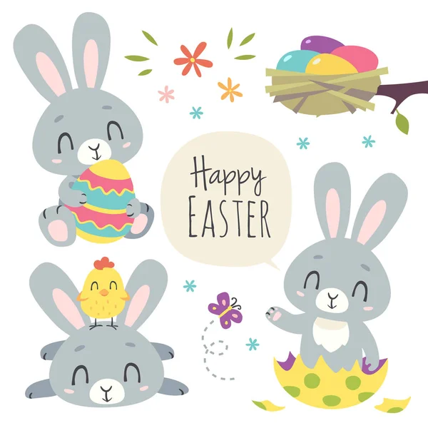 Vector de dibujos animados estilo conejito de Pascua conjunto — Vector de stock