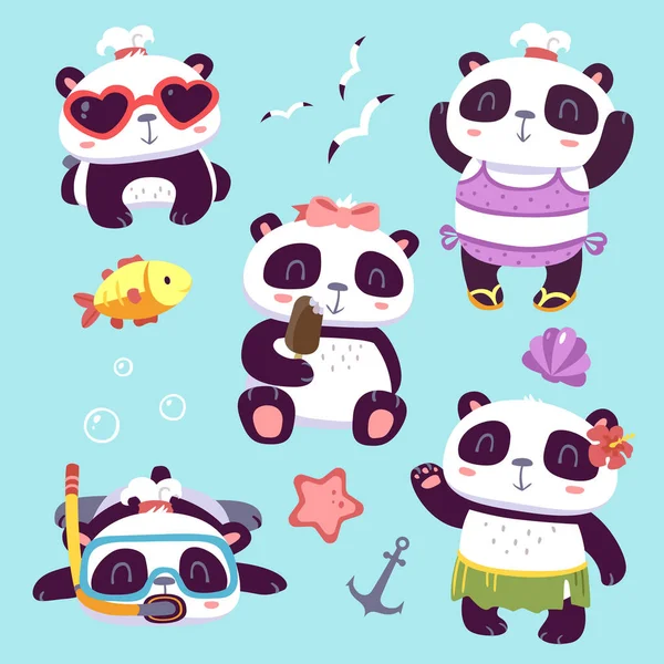 Vector de dibujos animados estilo lindo chica panda verano playa conjunto — Vector de stock