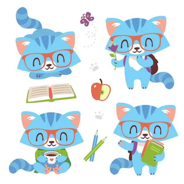 Vektor kreslený styl kawaii nerd cat set — Stockový vektor