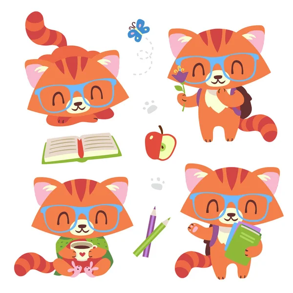 Vektor kreslený styl kawaii nerd cat set — Stockový vektor