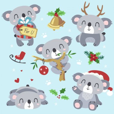 çizgi film koala Noel kawaii vektör ayarla
