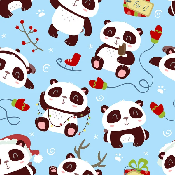 Vektor tecknad stil söt jul nyår kawaii panda sömlösa mönster — Stock vektor