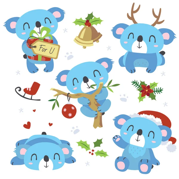 Wektor kreskówka koala Boże Narodzenie kawaii zestaw — Wektor stockowy