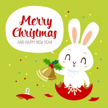 vektör karikatür tarzı Kış Noel yontmak yıl beyaz tavşan yeşil tebrik kartı