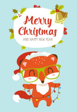 karikatür tarzı kış yılbaşı yeni yıl Kızıl Tilki garland tebrik kartı ile vektör