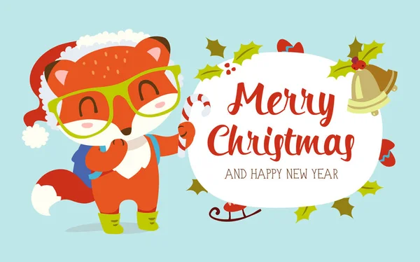 卡通风格冬季圣诞新年可爱的红狐贺卡 — 图库矢量图片