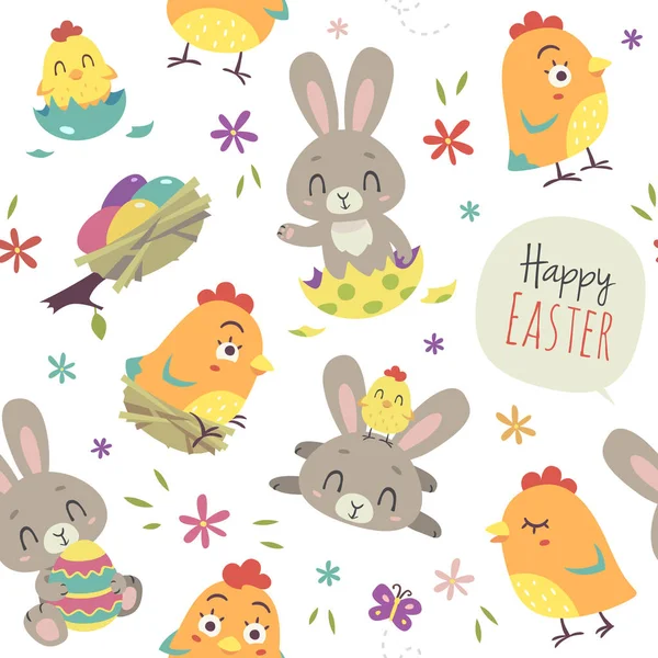 Seamless Pattern Cartoon Style Easter White Bunny Chicken White Background — Stock Vector