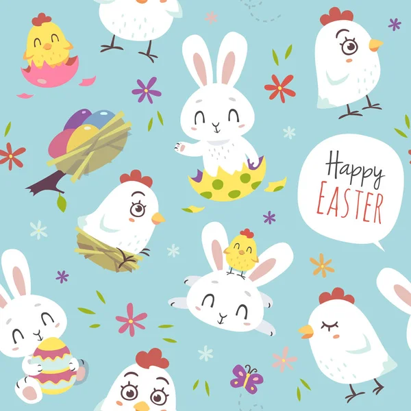 Seamless Pattern Cartoon Style Easter White Bunny Chicken Blue Background — Stock Vector