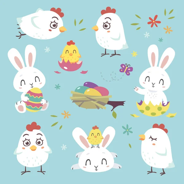 Set Pasqua Bianco Coniglietto Pollo Vettore Stile Cartone Animato Illustrazione — Vettoriale Stock