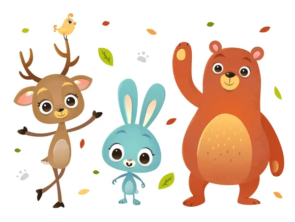 Wektor kreskówka styl niedźwiedzia bunny i jelenie dzikim lesie pozdrowienie Grafika Wektorowa