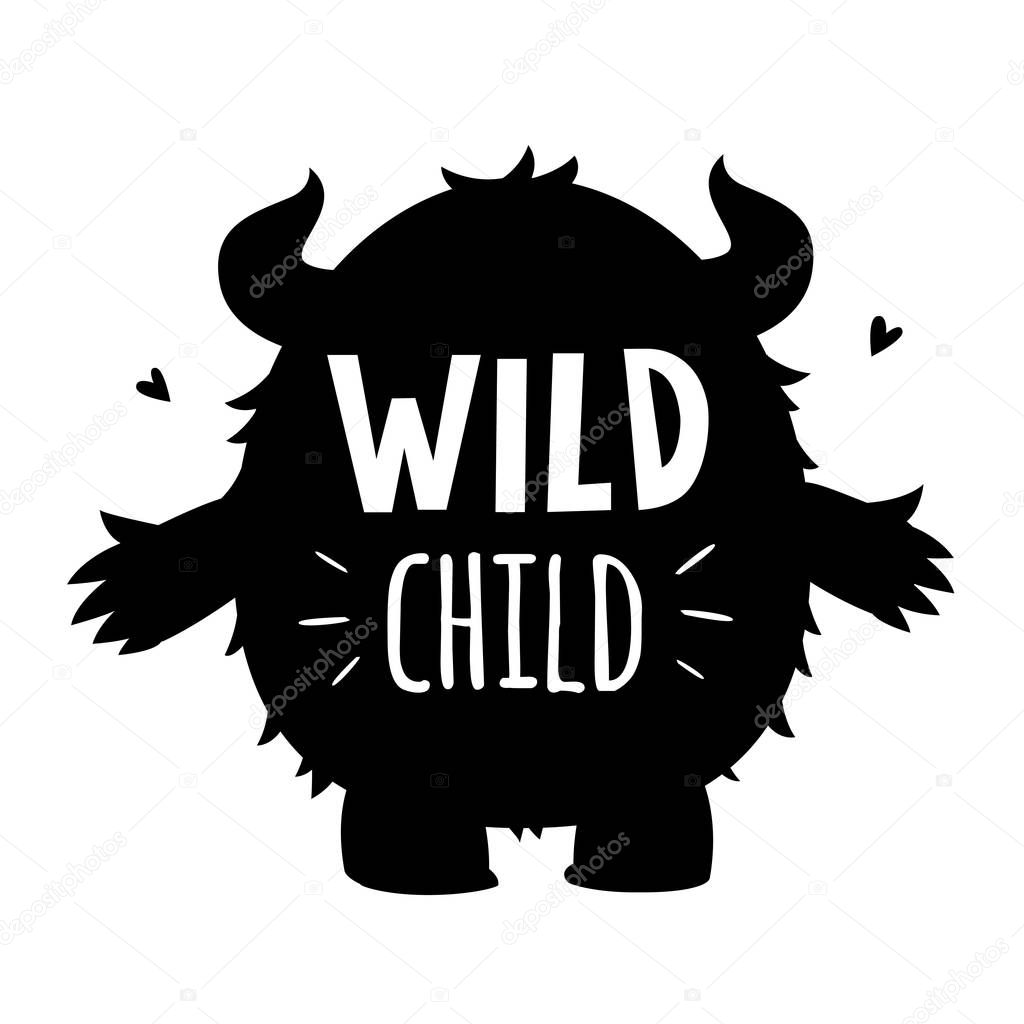 vector black and white wild child monster silhouette illustratio