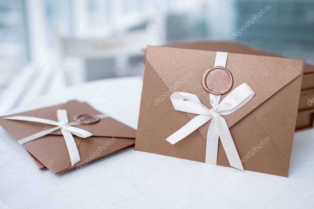 Gift Certificate, gift voucher or discount. close-up photo of bronze invitation envelope with a wax seal, a gift certificate, a card, a wedding invitation card