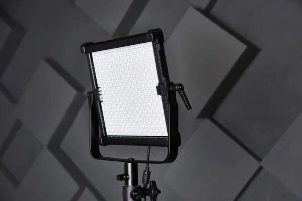 studio assistant fix professional video light on adjustable light stand. Led lamp on tripod in photo studio. Photo and video lamp on embossed grey wall background. Close-up view