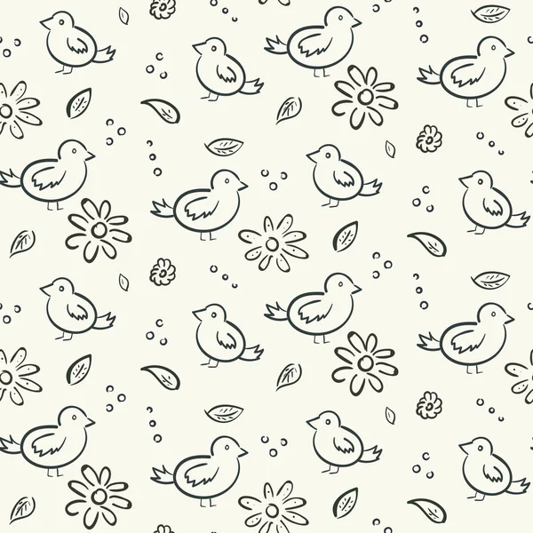 Textura perfecta con pájaros, flores y hojas — Vector de stock